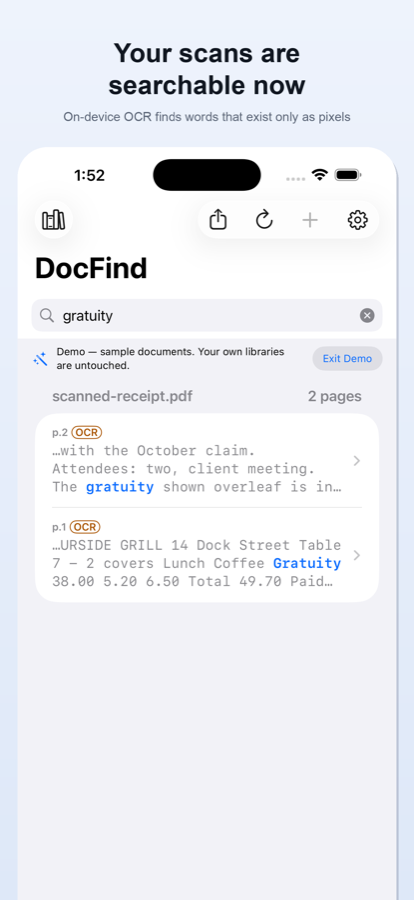 DocFind search results across a library, ranked with page numbers and snippets