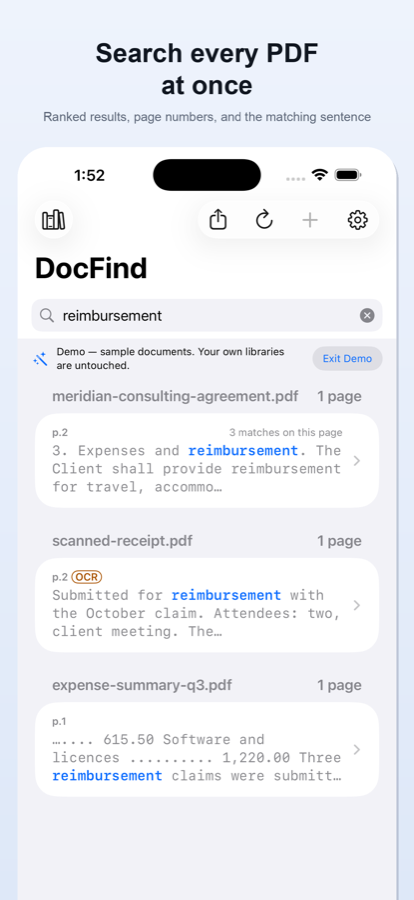 A matching PDF page opened with the found word highlighted