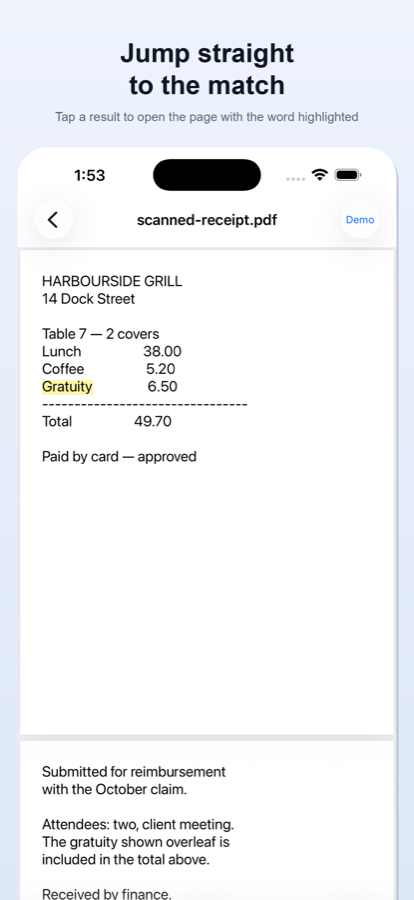 A scanned document made searchable with on-device OCR, results labelled OCR